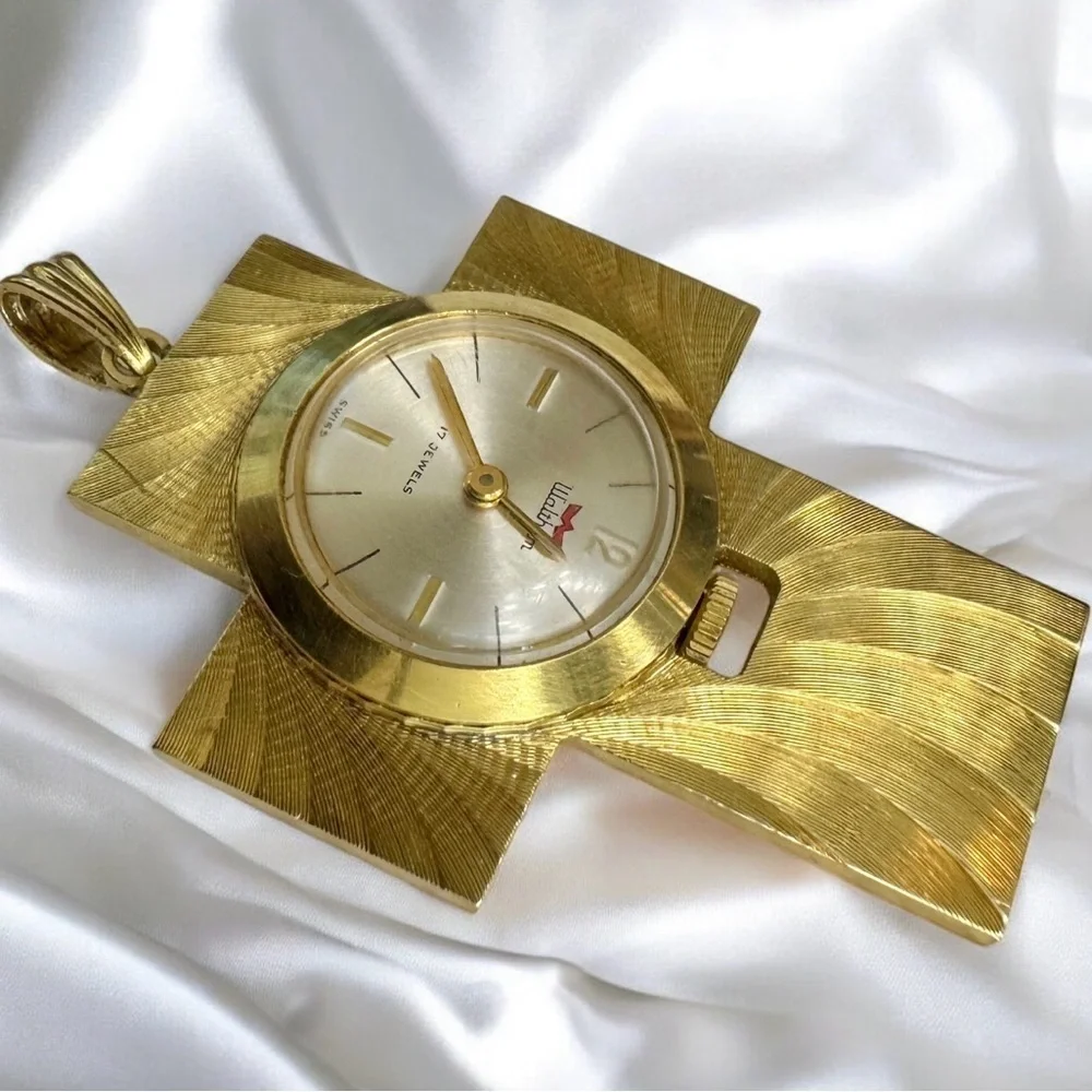 WORKING—VTG Waltham Gold-Plated Swiss 17 Jewel Mechanical Cross Pendant Watch